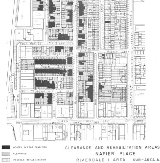 Detail from renewal plan showing areas to be cleared and areas to be rehabilitated.